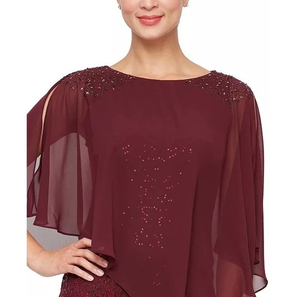 NWT SLNY Evening Gown Women Plum Sequin Lace Chiffon Cape Overlay Dress 14W $169 - Picture 3 of 16